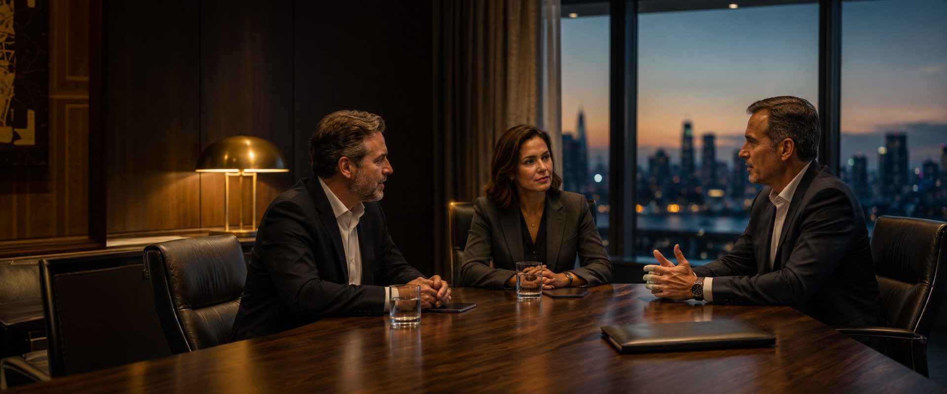 Reunião de negociação em sala com vista para a cidade ao entardecer